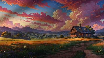 A charming countryside house stands amidst vibrant fields under a sky filled with dramatic, colorful clouds. The scene is serene, with rolling hills and lush greenery in the background video