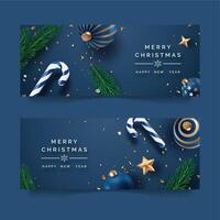 Two horizontal Christmas banners with ornaments, candy canes, and pine branches vector