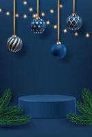Blue and gold Christmas ornaments hanging with string lights, on a navy background with pine branches and podium vector