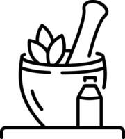 Linear icon of a mortar and pestle with leaves for phytotherapy vector