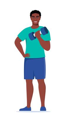 African American Man dressed in sports clothes does exercises with dumbbells. illustration.