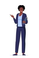 Black woman introduce, show and present something. Business speaker standing with clipboard and pointing direction, gesturing with arm. Female presenter. illustration. vector