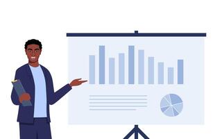 Man speaker pointing at presentation on white board during business seminar. Office worker showing report at whiteboard with pointer. illustration. vector