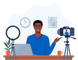 Man blogger records himself on using a camera and a circle light lamp. character influencer creating a review for a blog. Vlogger records indoors. Flat illustration. vector