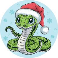 A cute snake is a Chinese symbol of the lunar new year. Cartoon snake on a blue background with snowflakes. A bizarre character of the eastern zodiac is a green snake in a Christmas hat. Good for wint vector