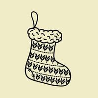 Christmas sock for gifts, hand-drawn illustration.Christmas stocking with fur top and cute patterns. illustration highlighted on a beige background. vector