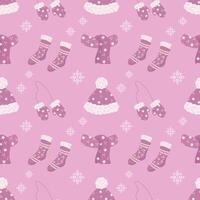Seamless pattern, knitted pink hats and scarves with snowflake decorations. Christmas pink background, print, textile, vector