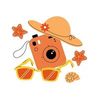 Travel, tourism, vacation concept. Sunglasses, hat, camera, starfish and seashell. Flat illustration isolated on white background vector