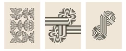 Set of trendy modern abstract geometric bauhaus posters with circle, square line shape. Minimalistic print for wall art decoration, postcard or brochure cover design in retro style art vector