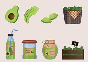 Avocado harvests a large collection. Avocado on a branch, in basket, juice, jam, marmalade. Fruits. vector