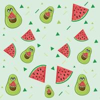 Green cute avocado seamless pattern with watermelon. Summer pattern. Avocado exercise illustration for background, wallpaper, and fabric vector