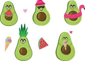 Funny avocados object collection with leaf, avocado exercise. Summer funny avocado fruit with watermelon, ice cream and avocado like pineapple vector