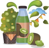 Fresh kiwi juice in a glass bottle concept. Kiwi drops on juice splash and ripple vector
