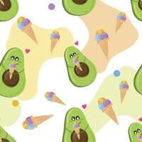 Green cute avocado seamless pattern with ice cream. Summer pattern. Avocado exercise illustration for background, wallpaper, and fabric vector