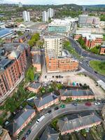 High Angle View of Buildings at Downtown Central Northampton City of East Midlands Region of England Great Britain. Aerial Footage Was Captured with Drone's Camera on April 26th, 2024 photo