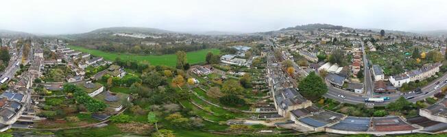 Aerial Panoramic View of Historical Walcot Bath City of England Which is Located in North East of Somerset, United Kingdom. High angle Footage Was Captured with Drone Camera on November 5th, 2024 photo