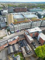 High Angle View of Buildings at Downtown Central Northampton City of East Midlands Region of England Great Britain. Aerial Footage Was Captured with Drone's Camera on April 26th, 2024 photo