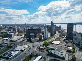 High Angle View of Historical and Modern British City Centre of Liverpool, Maritime city in northwest England, United Kingdom. Aerial Footage Was Captured with Drone's Camera on May 5th, 2024 photo