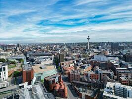 High Angle View of Historical and Modern British City Centre of Liverpool, Maritime city in northwest England, United Kingdom. Aerial Footage Was Captured with Drone's Camera on May 5th, 2024 photo