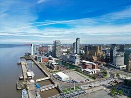 High Angle View of Historical and Modern British City Centre of Liverpool, Maritime city in northwest England, United Kingdom. Aerial Footage Was Captured with Drone's Camera on May 5th, 2024 photo