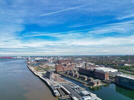 High Angle View of Historical and Modern British City Centre of Liverpool, Maritime city in northwest England, United Kingdom. Aerial Footage Was Captured with Drone's Camera on May 5th, 2024 photo