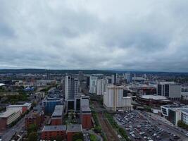 High Angle View of Cardiff City Centre and Buildings at Central Downtown and Near to Ocean Bay During Rainy and Cloudy Day of May 28th, 2024 photo