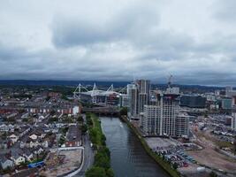 High Angle View of Cardiff City Centre and Buildings at Central Downtown and Near to Ocean Bay During Rainy and Cloudy Day of May 28th, 2024 photo