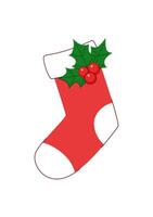 Christmas red hanging stocking for gifts decorated with holly berries. Isolated on white background. Christmas element. vector