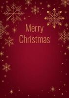 Christmas card with the inscription Merry Christmas and golden snowflakes on a dark red background. Vertical Christmas banner in a minimalist style. Inscription in a frame of snowflakes. vector
