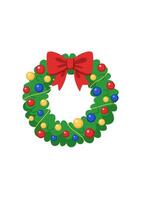 Christmas wreath made of fir branches, decorated with balls and a bow. Element for Christmas and New Year design. Isolated on white background. vector