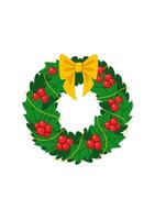 Christmas wreath made of leaves and berries, holly, decorated with a bow and ribbon. Element for Christmas and New Year design. Isolated on white background. vector