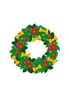 Christmas wreath made of fir branches decorated with holly berries and golden bows. Element for Christmas and New Year design. Isolated on white background. vector