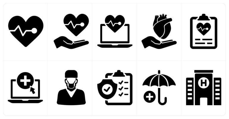 A set of 10 medical icons as electrocardiograhy, heart insurance, online health care