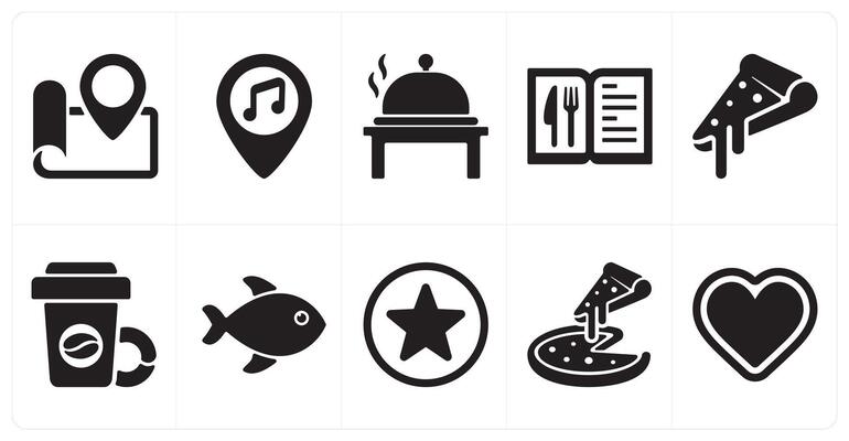 A set of 10 mix icons as location, bar location, cook