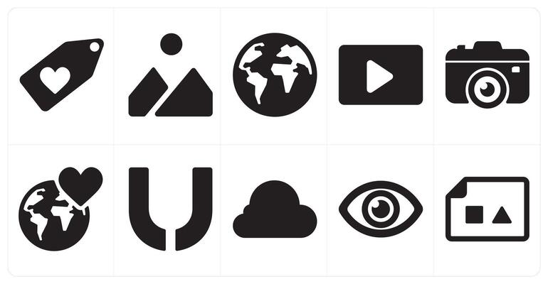 A set of 10 ui icons as tag love, mountain, world
