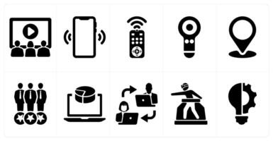 A set of 10 Virtual Reality icons as cinema room, sensor, remote access vector
