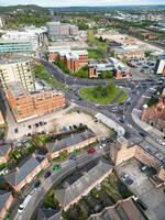 High Angle View of Buildings at Downtown Central Northampton City of East Midlands Region of England Great Britain. Aerial Footage Was Captured with Drone's Camera on April 26th, 2024 photo