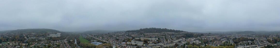 Aerial Panoramic View of Historical Walcot Bath City of England Which is Located in North East of Somerset, United Kingdom. High angle Footage Was Captured with Drone Camera on November 5th, 2024 photo