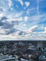 High Angle View of Buildings at Downtown Central Northampton City of East Midlands Region of England Great Britain. Aerial Footage Was Captured with Drone's Camera on April 26th, 2024 photo