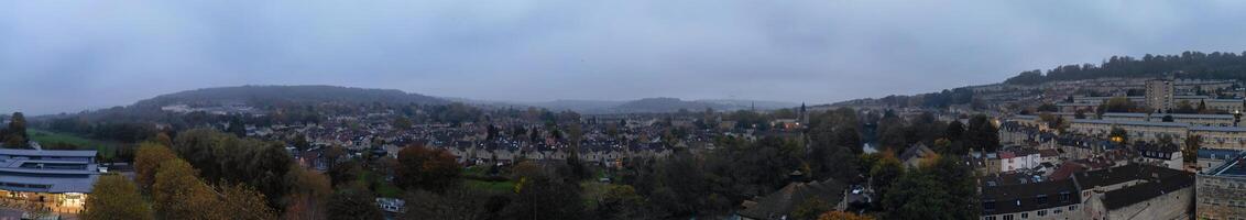 Aerial Panoramic View of Historical Walcot Bath City of England Which is Located in North East of Somerset, United Kingdom. High angle Footage Was Captured with Drone Camera on November 5th, 2024 photo