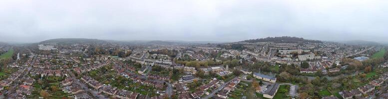 Aerial Panoramic View of Historical Walcot Bath City of England Which is Located in North East of Somerset, United Kingdom. High angle Footage Was Captured with Drone Camera on November 5th, 2024 photo