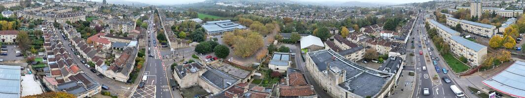 Aerial Panoramic View of Historical Walcot Bath City of England Which is Located in North East of Somerset, United Kingdom. High angle Footage Was Captured with Drone Camera on November 5th, 2024 photo