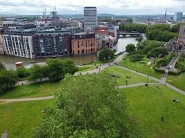 High Angle View of Buildings at Central Bristol City of Southwest of England, United Kingdom. The High Angle Footage Was Captured with Drone's Camera from High Altitude on May 26th, 2024. photo
