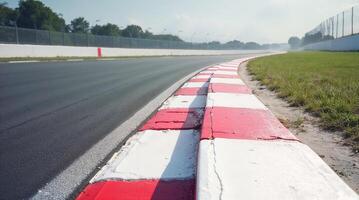 Red and white kerbs of a racing track curve under sunlight photo