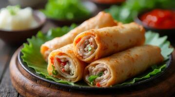 Delicious spring rolls presenting meat and vegetables on green leaf photo
