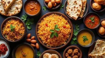 Traditional indian cuisine displaying vibrant flavors and aromatic spices photo