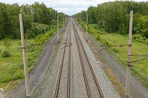 Trans Siberian Railway. Empty Electrified railway. View from the bridge to the rails. photo