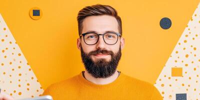 Smiling Bearded Man in Glasses Against Yellow Background with Geometric Shapes photo