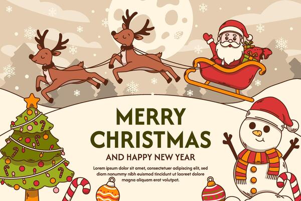 Merry Christmas background with Santa Claus, Sleigh, Christmas tree and Christmas Ornaments.
