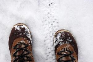 Pair of snow dusted boots standing near a tire tread on a snowy ground, capturing a moment of outdoor winter exploration and adventure. Copy space photo